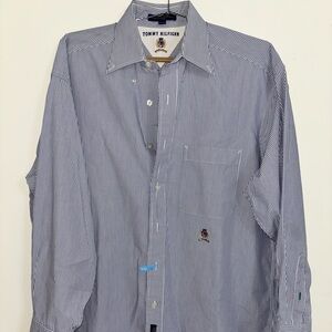 Vintage Tommy Hilfiger Shirt Men large Blue Striped Long Sleeve Button Up 16-33